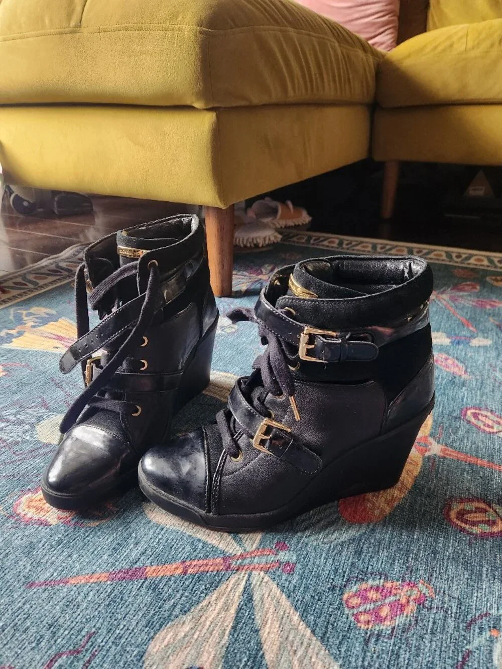 Michael Kors Black Wedge Booties Size 10 Lace Up Buckles Gold